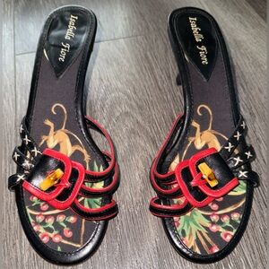 ISABELLA FIORE black red leather shoes kitten 2 3/4” heels 7 Italy